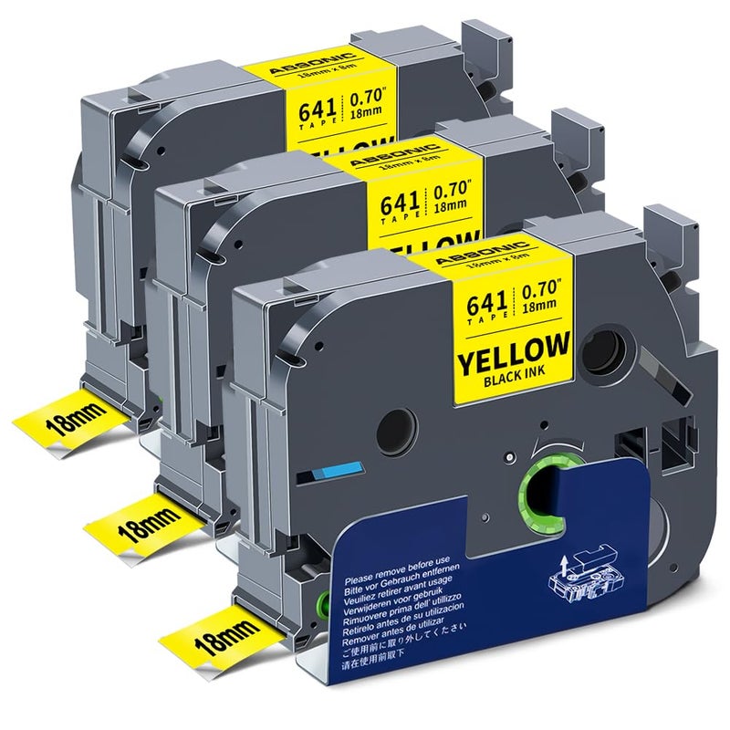 Absonic 3-Pack Tze-641 18mm 0.7" Laminated Yellow Tape Compatible for Brother Tze641 Tz-641 Tz641 3/4" Black on Yellow P Touch Tze Tz Label Tape 18mm for PTD410 PTD460 PTD600 PTD610BT PTP700 PTD400 - Image 1